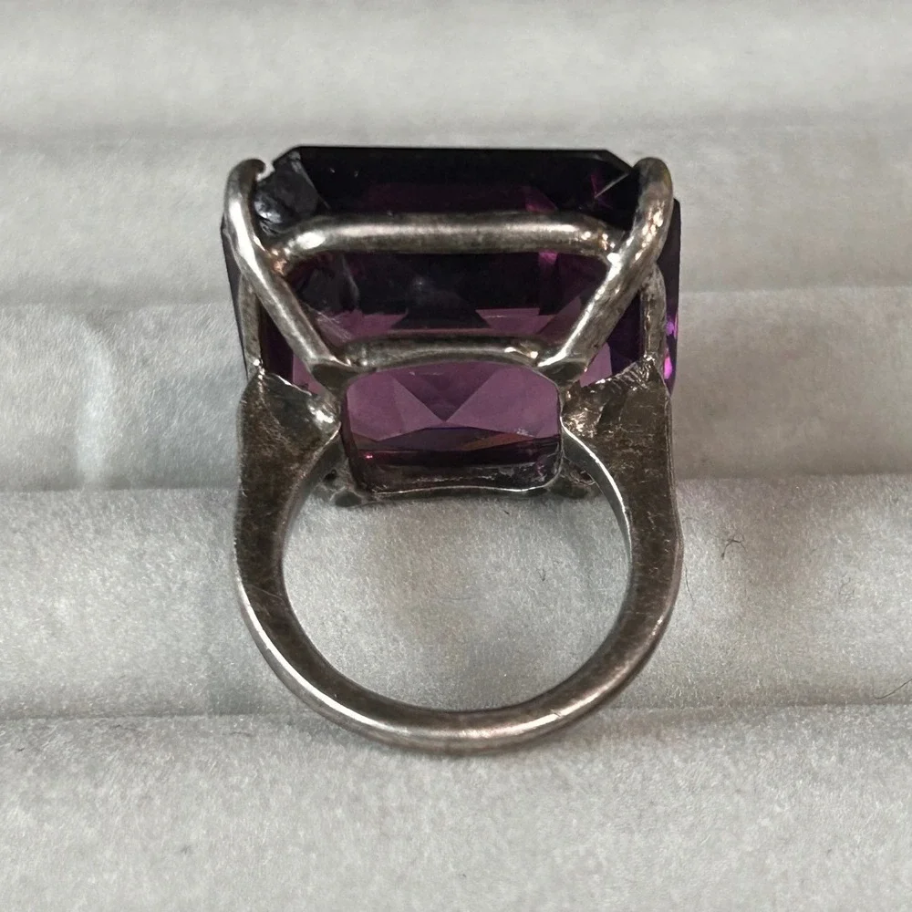 Vintage Sterling Silver Large Purple Lucite Cocktail Statement Ring Sz 5.25
